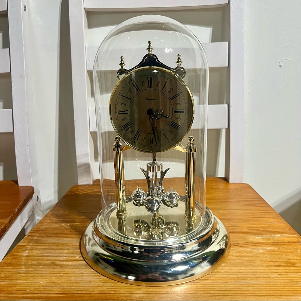 Concordia Anniversary Clock Glass Dome 11" Goldtone Made In Germany